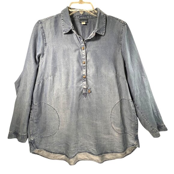 J Jill Womens Denim Tunic Top PM Chambray Long Sleeve Casual Shirt Pockets - Picture 1 of 15